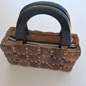 Handcrafted Natural Coconut Shell Tile Top Handle Bag Boho Tropical Purse
